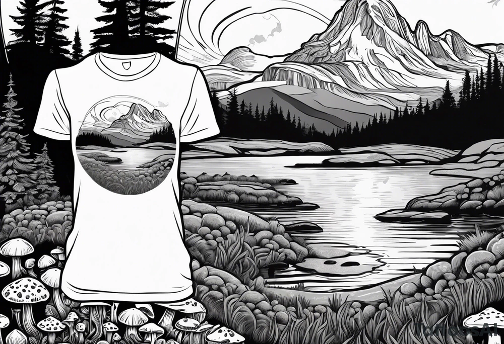 Whole picture encircled fully

Straight long blonde hair hippie girl in distance holding mushrooms in hand facing away toward mountains and creek surrounded by mushrooms long sleeve shirt and hiking pants; whole rendering within a full celtic circle border, no cut off circle tattoo idea
