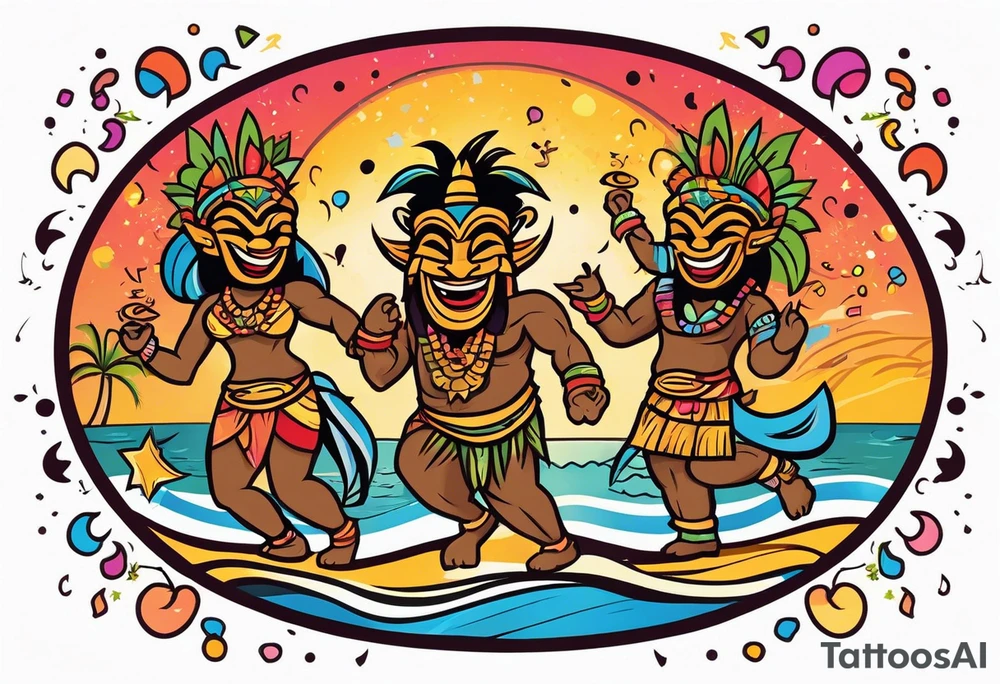 dancing tiki gods dance party on the beach with a sunset in the center of the image with confetti and music notes tattoo idea