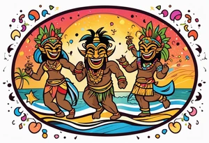 dancing tiki gods dance party on the beach with a sunset in the center of the image with confetti and music notes tattoo idea
