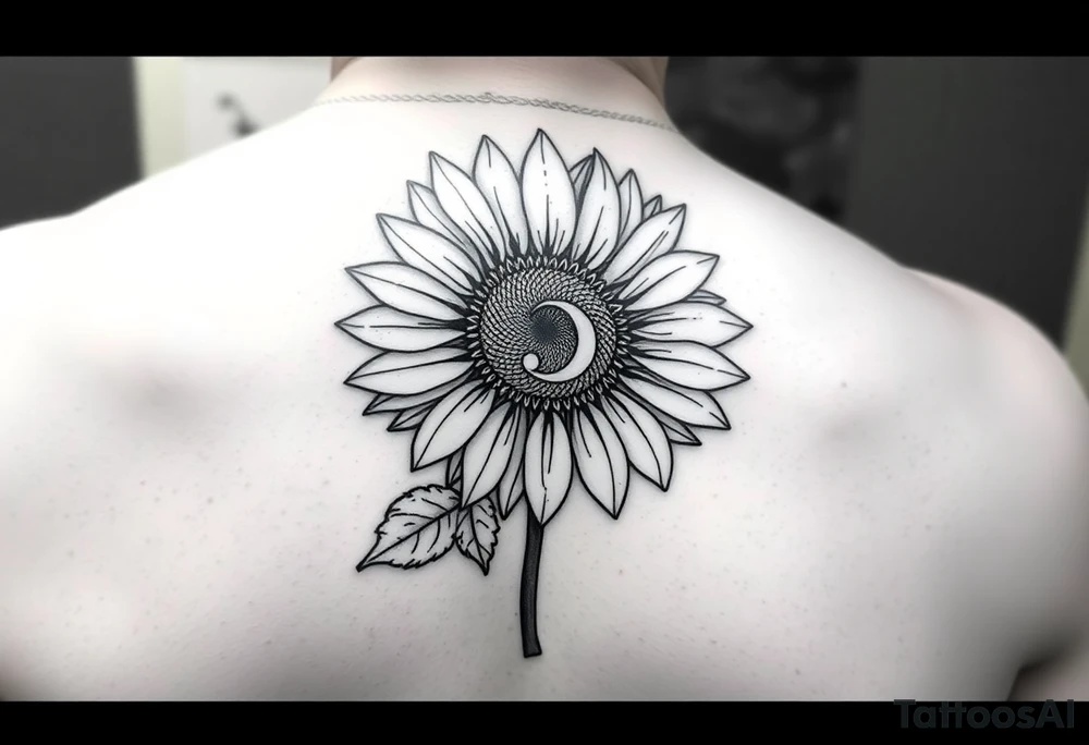 Sunflower with the letter p in the stem, black and white, small fine line tattoo idea
