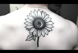 Sunflower with the letter p in the stem, black and white, small fine line tattoo idea