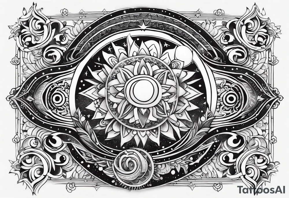 Mexican Sun and moon. long rectangular sternum swirls and dots and stars tattoo idea