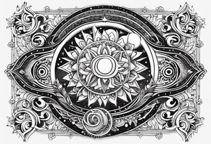 Mexican Sun and moon. long rectangular sternum swirls and dots and stars tattoo idea