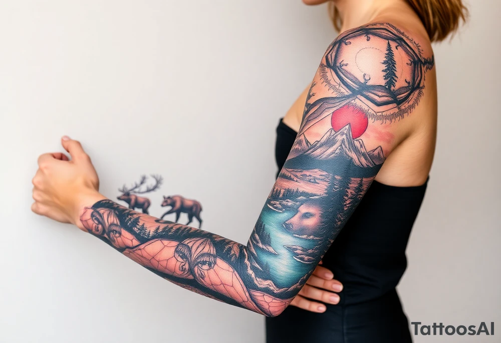 A full-sleeve with the Härjedalen landscape, reindeer, bear, lakes, mountains (Helags), tattoo idea