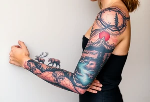 A full-sleeve with the Härjedalen landscape, reindeer, bear, lakes, mountains (Helags), tattoo idea