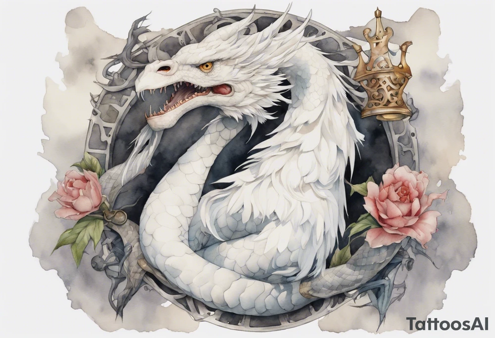 a watercolor of a white bird-serpent hybrid wearing an iron crown, perched upon a stone tattoo idea