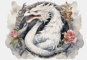 a watercolor of a white bird-serpent hybrid wearing an iron crown, perched upon a stone tattoo idea