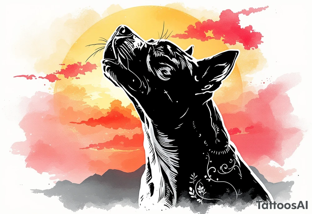 Pitbull howling in front of a sunset, silhouette-style with black fur outlines, warm orange, red, and pink sky blending in the background for a serene yet powerful effect. tattoo idea