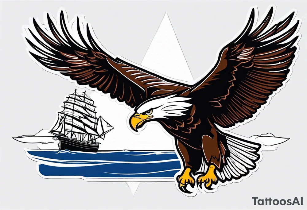 eagle flying in front of ship holding American flag in beak tattoo idea