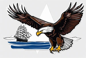 eagle flying in front of ship holding American flag in beak tattoo idea