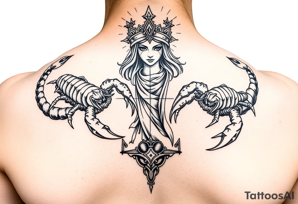 Dos poderosos escorpiones trepando por el cuerpo completo de la señora de la justicia ciega tattoo idea