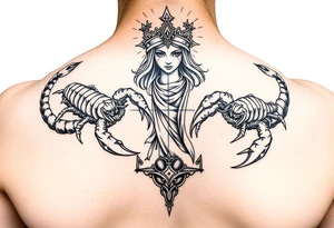 Dos poderosos escorpiones trepando por el cuerpo completo de la señora de la justicia ciega tattoo idea