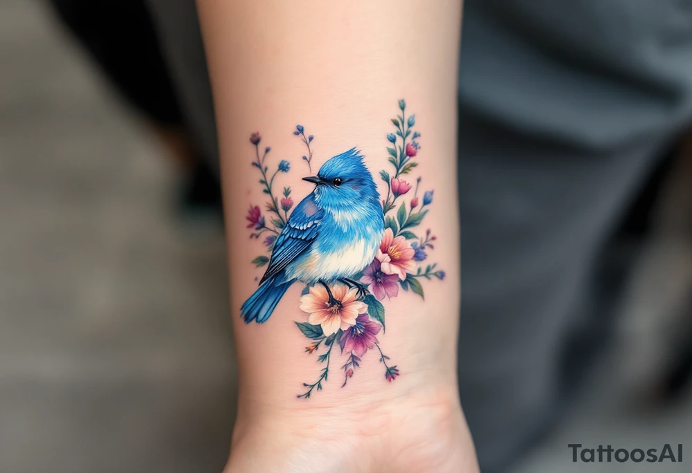 Puffy bluebird surrounded by wild flowers tattoo idea