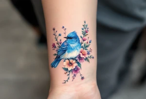 Puffy bluebird surrounded by wild flowers tattoo idea