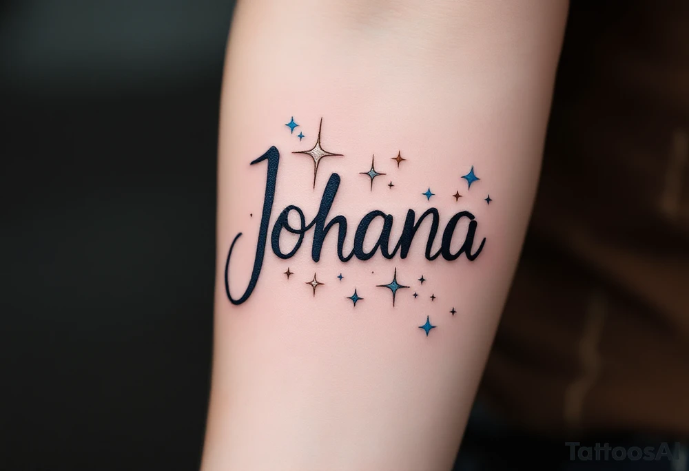 Johana scripted in a whimsical style, accented with whimsical stars in silver and light blue. tattoo idea