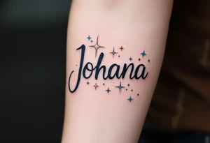 Johana scripted in a whimsical style, accented with whimsical stars in silver and light blue. tattoo idea