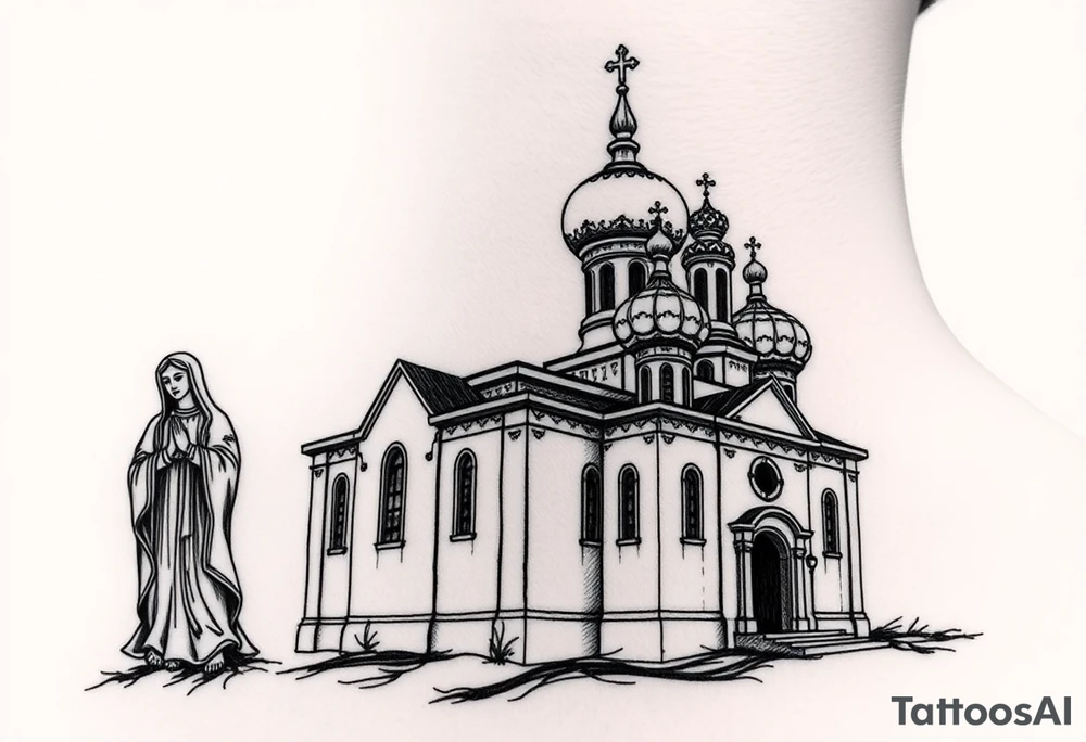 Russian orthodox church with bulb domes with a prominent russian orthodox style virgin mary stood outside to the left tattoo idea