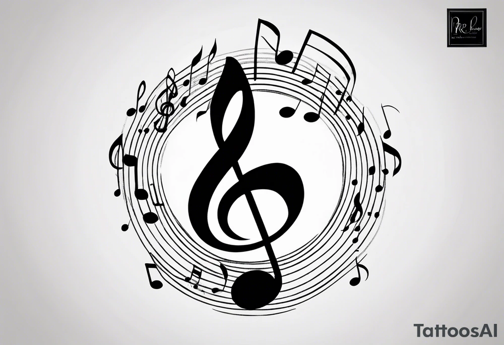 Minimalist line work tattoo, depicting musical
Notes and the letters “R” and “L” which symbolize Lainey and remi. tattoo idea