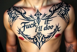 Unreadable “ Fuck it, I’ll do it” test on ribcage and upper ribs. 30 cm long. Kalligraphie mixed with neotribal style. tattoo idea