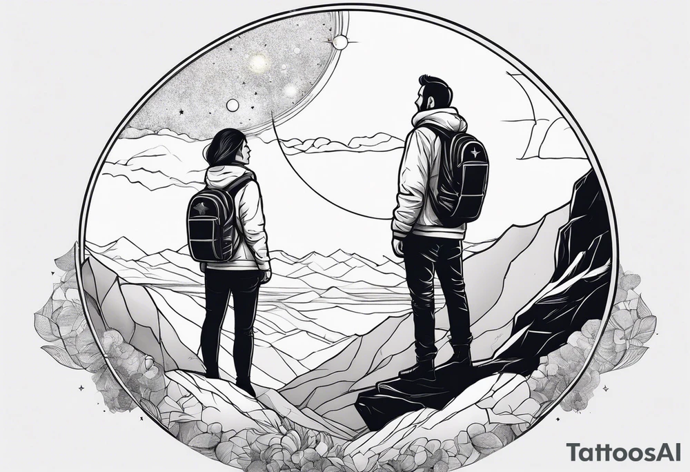 Two people standing together on Cliff looking at the universe tattoo idea