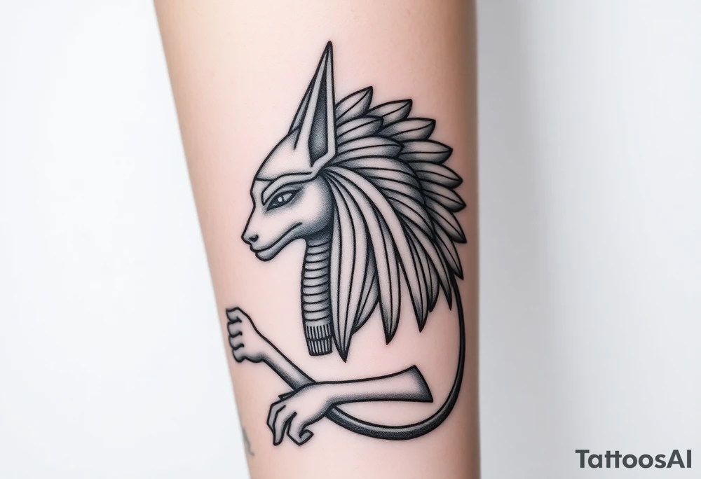 Design a tattoo of Anubis, as though it was carved into stone, it should have a sculptural stone like featured with a classic Anubis style large to full a fore arm tattoo idea