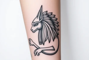 Design a tattoo of Anubis, as though it was carved into stone, it should have a sculptural stone like featured with a classic Anubis style large to full a fore arm tattoo idea