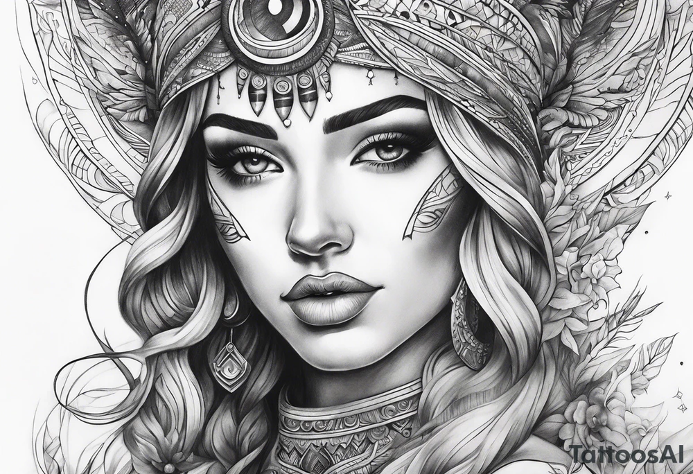 Close up of a beautiful goddess creating the universe tattoo idea