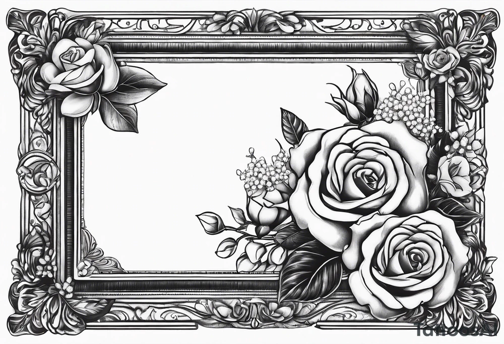 Vintage picture frame within the picture frame there are roses and baby’s breath flowers tattoo idea