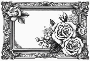 Vintage picture frame within the picture frame there are roses and baby’s breath flowers tattoo idea