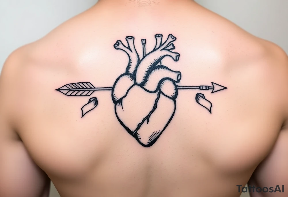 anatomical heart pierced by ornate arrow with flowing ribbons tattoo idea