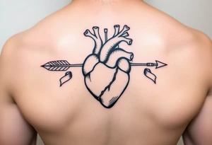 anatomical heart pierced by ornate arrow with flowing ribbons tattoo idea
