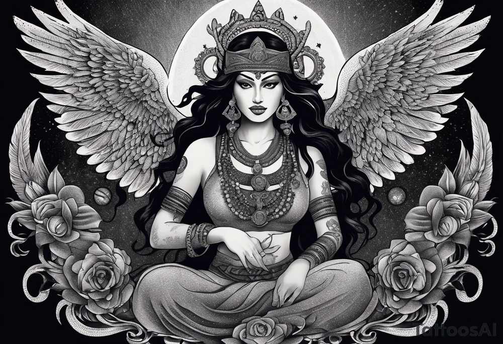 black kali, goddess pirate, alien, angel, pachamama, valkrye, warrior, flying, skull, lotus azul, wing, eagle, zenza resonance, stars, 5D, anahata chakra, death, durga, riding on a tiger, flying lady, kundalini, chest tatoo, samuri, rebel,serpent tattoo idea