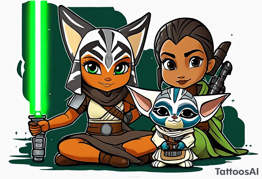 Ahsoka teaching young grogu who is wearing mandalorian armor crouching with a green lightsaber tattoo idea