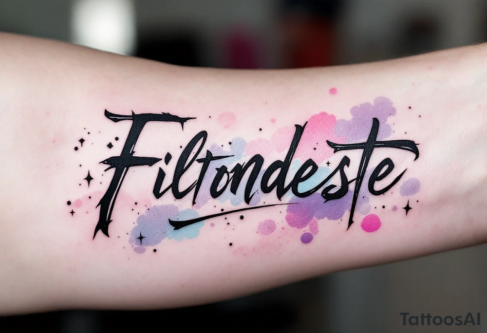 Black ink lettering with a watercolor background blending soft pink, lavender, and sky blue. tattoo idea