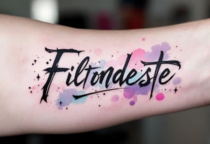 Black ink lettering with a watercolor background blending soft pink, lavender, and sky blue. tattoo idea