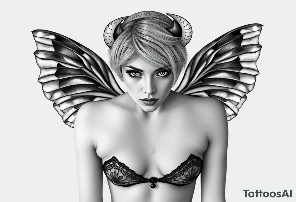A powerful extremely sexy depiction of a start date with angel wings resembling that of a lunar moth and horns resembling the moths antennas with the son of of her head as if a Halo with two crescent men's off to each side full frontal nude with exotic see through lingerie with a sensual enticing glare short hair length of approximately 8 inches tattoo idea