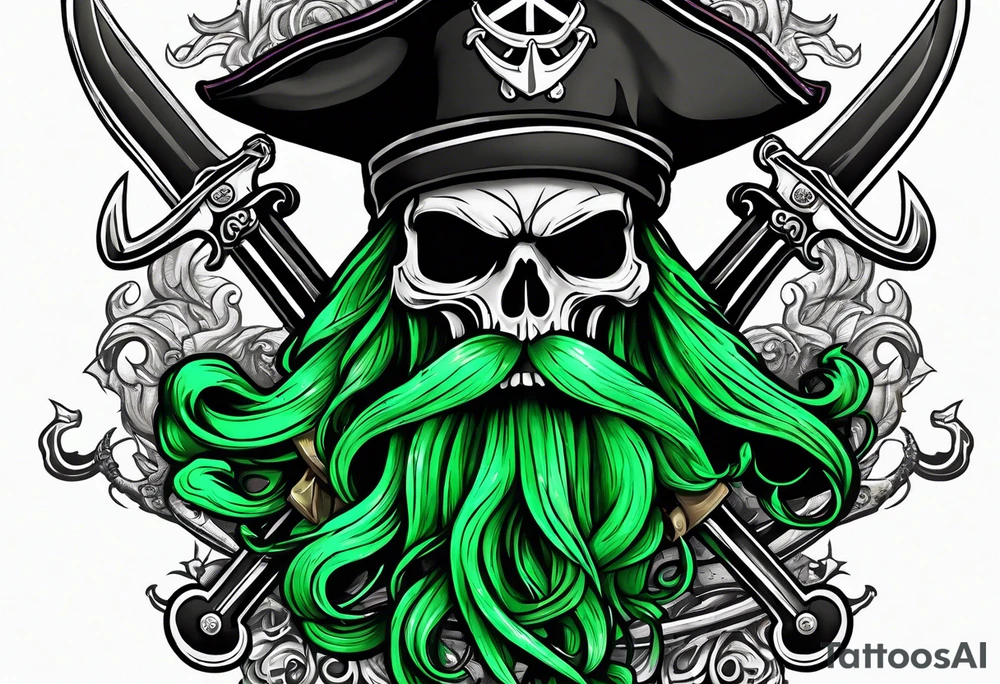 green pirate squid holding sword and anchor, black hat, skull face, beard tattoo idea