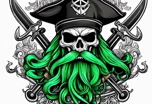 green pirate squid holding sword and anchor, black hat, skull face, beard tattoo idea