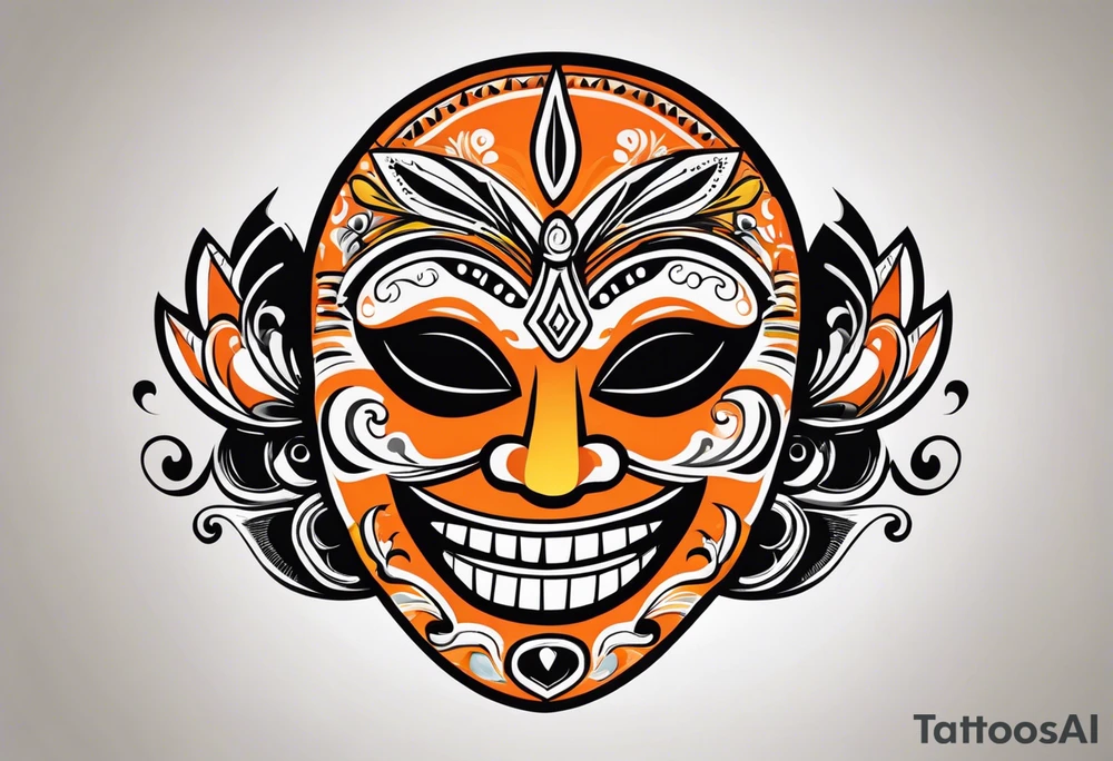 Laughing Mexican mask that is orange and black simplistic tattoo idea