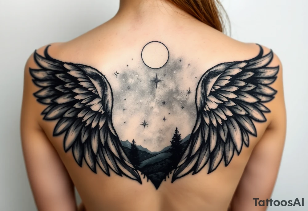 Night sky with constellation, stars & moon seen from a frame of natural landscape angel wings spiritual tattoo idea