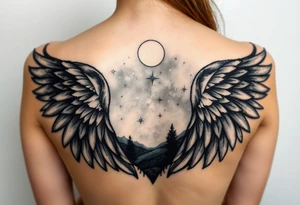 Night sky with constellation, stars  & moon seen from a frame of natural landscape angel wings spiritual tattoo idea