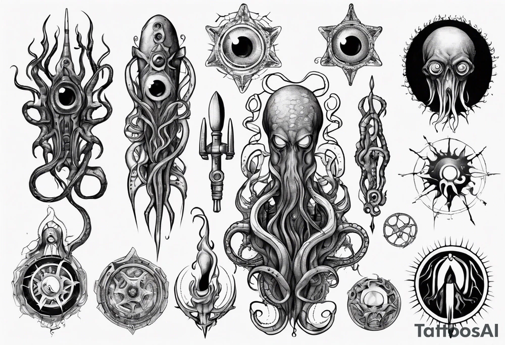 lovecraft long tattoo to put on the forearm, with eye and tentacle tattoo idea