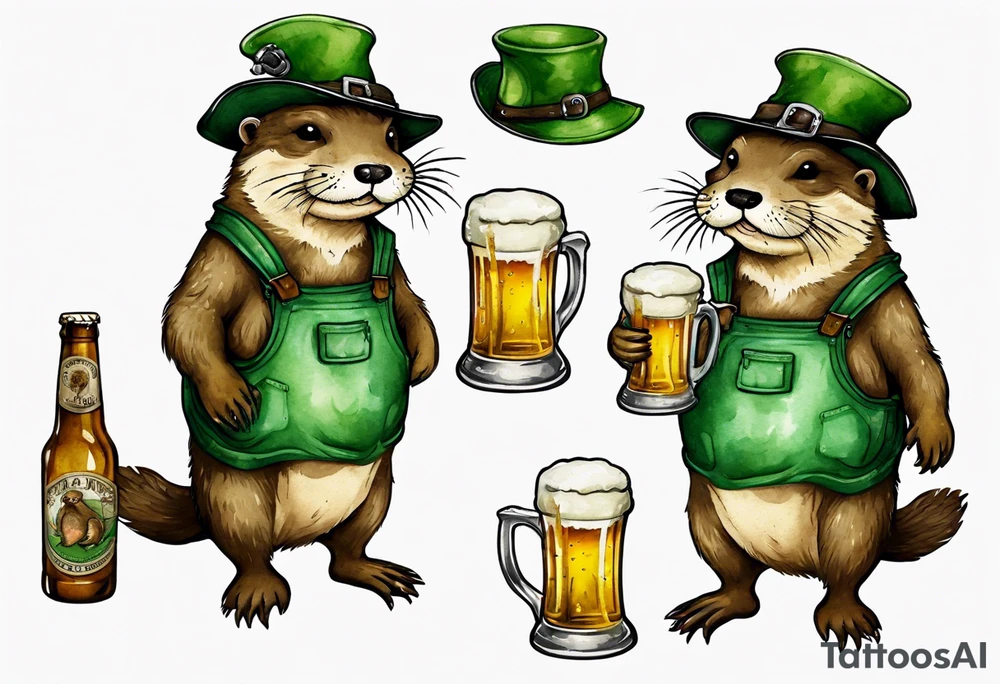 a medieval fat otter wearing green overalls and a tattered hat drinking from a stein of beer tattoo idea