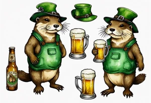 a medieval fat otter wearing green overalls and a tattered hat drinking from a stein of beer tattoo idea