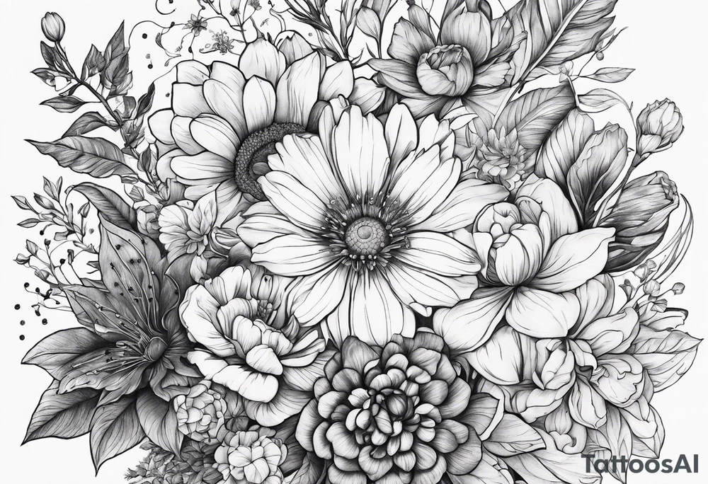 Birth flower bouquet with month’s January, May, November and December tattoo idea
