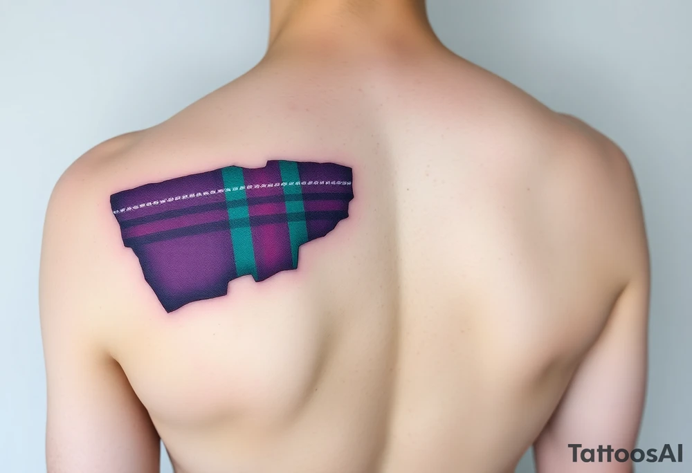 arm Dark Purple with green pink blue and white highlights tartan fabric with flesh peeling away at edges tattoo idea