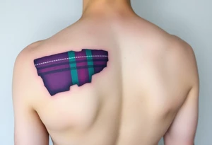 arm Dark Purple with green pink blue and white highlights tartan fabric with flesh peeling away at edges tattoo idea