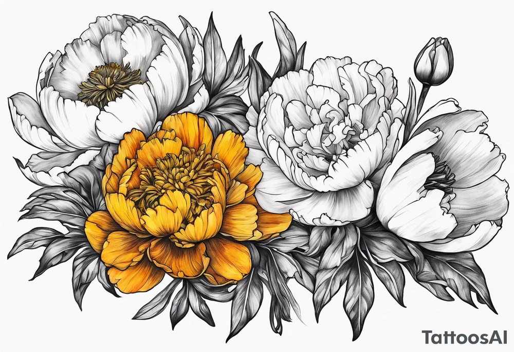 marigold, peony, and narcissus laying side by side, less than 3 inches tall tattoo idea