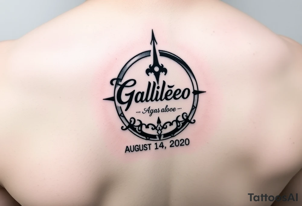 disney symbol with the name Galileo and the date August 14,2020, incorporated tattoo idea