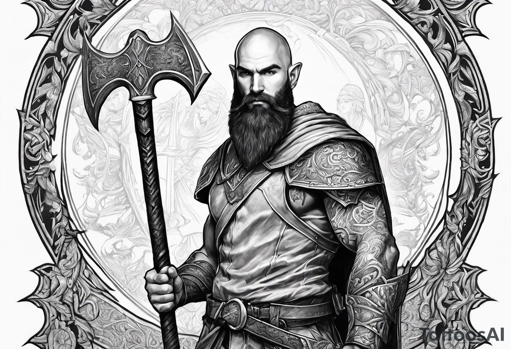 a full-body picture of a 30-year-old, human elf, bearded bald male, paladin, holding a battle axe, tattoo idea